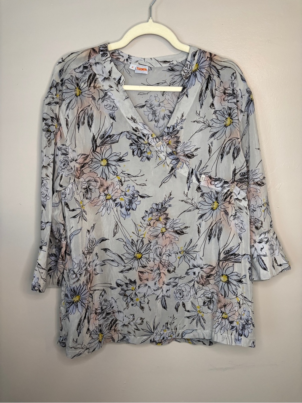 Tianello Light Blue Floral V-Neck Tunic with Pink and Yellow Accents